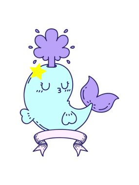 Parıldayan yıldızlar dövmeli tomar pankartın animasyonunu etkiler. Mutlu balina karakteri fışkırtır.