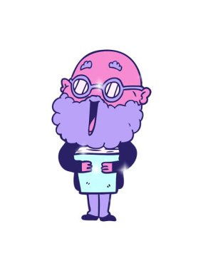 Çizgi film kahramanı, sakallı ve kitaplı neşeli bir adam.