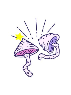 Parıldayan yıldızlar geleneksel dövme stili mantarların canlandırmasını etkiler.