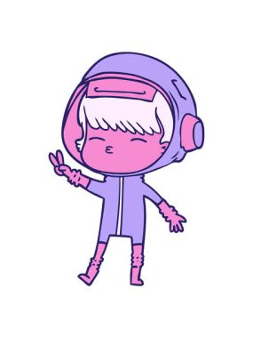 shaking motion animation of cartoon spacegirl making peace sign