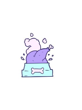 Çizgi filmin yatay titreşimli animasyonu pişmiş hindinin tamamı mutlu bir Noel yavrusu için bir köpek kasesine tıkıştırıldı.