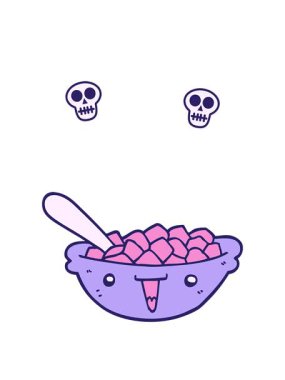 Tatlı mısır gevreği karikatür kasesinin kafatası animasyonu.