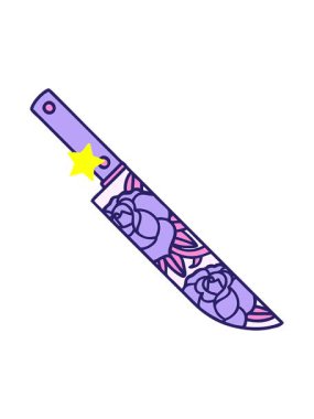 Parlayan yıldızlar, bir hançer ve çiçeğin simgesel imajının canlandırılmasını etkiler.