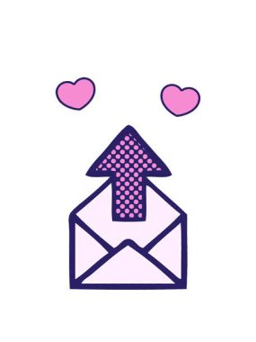 Bir e-posta işaretinin çizgi roman stili animasyonunun dönen kalpleri