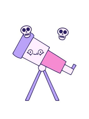 sevimli bir teleskop karikatürünün kafatası animasyonu