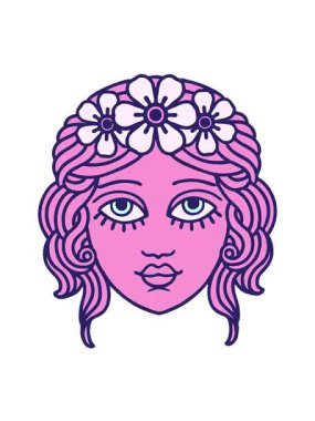 Dövmenin hareketli animasyonu geleneksel kadın yüzüyle çiçekten taç takıyor.