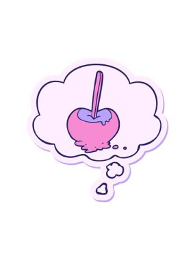 Karikatür şekerleme elma animasyonuna dikkat et. Üzerinde düşünce kabarcığı olan bir etiket.