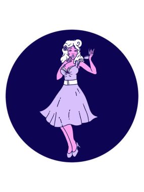 Neon ışıklı animasyon. İkonik dövme stili. Şaşırmış bir kızın resmi.