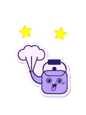 dönen yıldızların animasyonu şirin çizgi film çıkartması dumanı tüten çaydanlık.