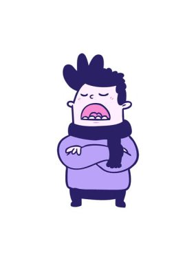 Kış kıyafetleri içinde iğrenç bir adamın çizgi film animasyonu.