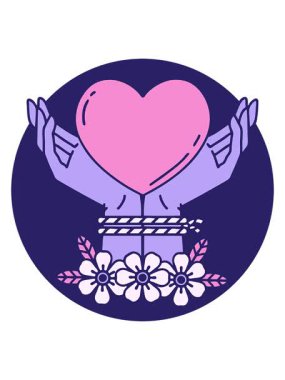 Parlak ışık efekti. İkonik dövme stili. Elleri bağlı ve kalbi var.