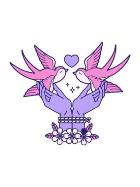 Elleri bağlı ve kırlangıçların hareketli animasyonları