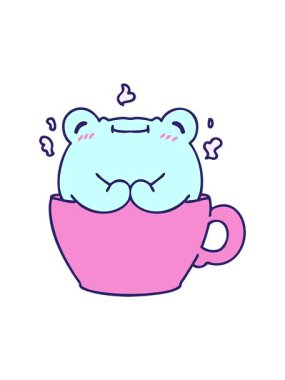 Dikkat çekici bir şekilde kahve fincanında oturan sevimli bir kurbağanın çizgi filmi.