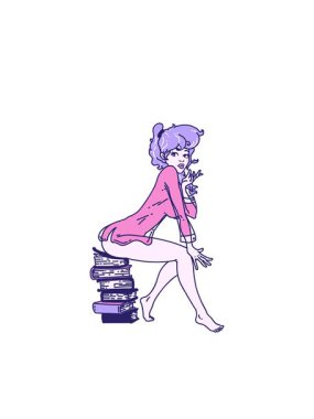 Yanıp sönen radyal çizgiler. Geleneksel tarzda dövme animasyonu. Kitapların üzerinde oturan bir kız.