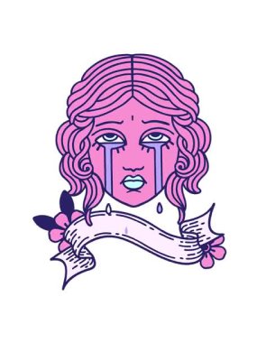 Geleneksel dövmenin hareketli animasyonları ve ağlayan kadın yüzü pankartı.