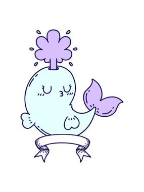 Neon ışık efekti dövmeli parşömen sancağının animasyonu mutlu balina karakteri fışkırtıyor