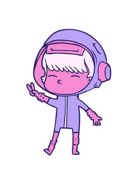 Uzay kızının barış işareti yapan çizgi film animasyonunu salla