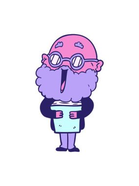 Çizgi film animasyonu sakallı ve kitaplı neşeli adam.