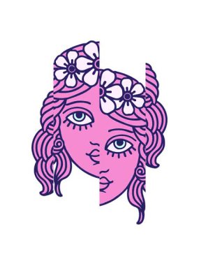 Dövmenin hareketli animasyonu geleneksel kadın yüzüyle çiçekten taç takıyor.