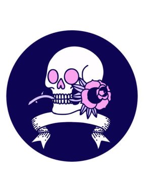 Bir kafatası ve gül sancağıyla dövme stili simgesinin neon ışık efekti canlandırması