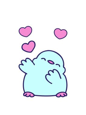 Aşk dolu, sevimli bir kuşun karikatürünün dönen kalpleri.