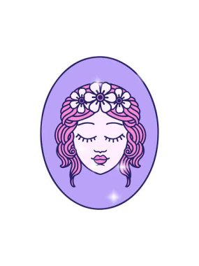 Parıltı efekti dövmenin geleneksel stiliyle gözleri kapalı bir bakire.