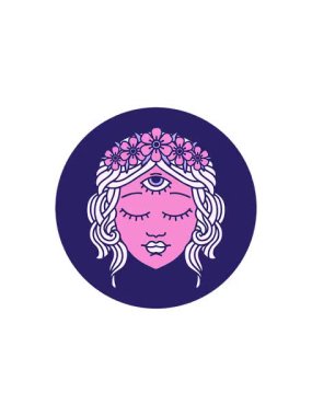 İkonik dövme stili kadın yüzünün üçüncü gözü ve çiçek tacıyla gösterişli satış animasyonu