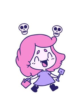 Kovalı ve kürekli sevimli kawai kızının el yazması çizgi filminin kafatası animasyonu.