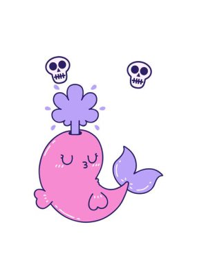 Geleneksel dövme stili çiziminin kafatası animasyonu mutlu bir balina karakteri fışkırtıyor.