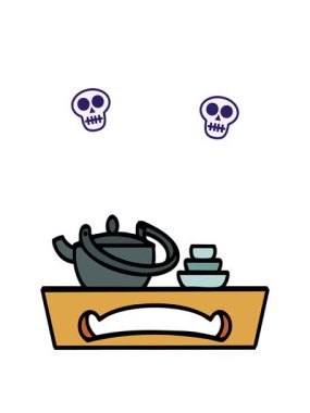 Geleneksel bir Japon çay setinin kafatası animasyonu