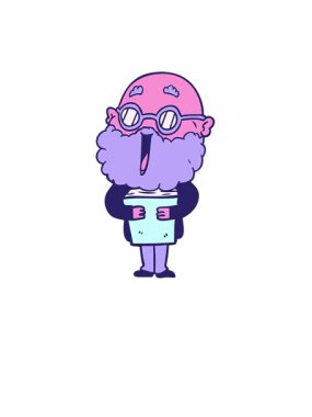 Çizgi filmdeki neşeli sakallı ve kitaplı adamın yükselişi ve yüzüşü.