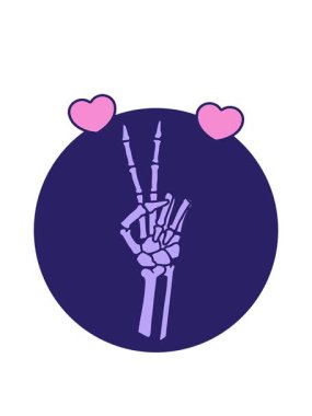 İskeletin dönen kalpleri barış işareti karikatürü veriyor.