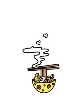 Sıcak Japon yemeklerini yemek çubuklarıyla kaseye koyuyorlar.