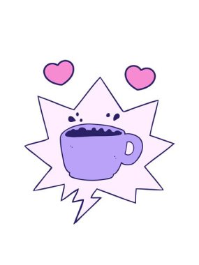 Konuşma baloncuklu kahve fincanı çizgi filminin dönen kalpleri.