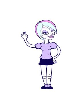 Neon ışık efektli çizgi film kahramanı, el sallayan kadın