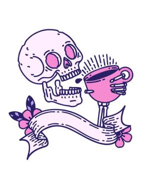 jiggle and pause animation of traditional tattoo with banner of a skull drinking coffee