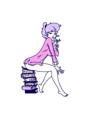 Neon ışık efekti animasyonu. Geleneksel stil olarak, kitapların üzerinde oturan bir kız dövmesi.