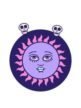 Kafatasının etrafında dönen ikonik dövme görüntüsü. Güneşin yüzlü hali.