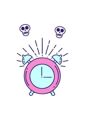 Geleneksel dövme stili çınlayan çalar saatin resimlerinin kafatası animasyonu