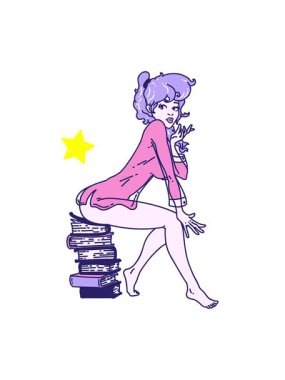 Parlayan yıldızlar dövmenin animasyonunu kitapların üzerinde oturan bir kızın geleneksel tarzında etkiler.