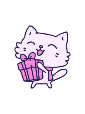 Dikkat çeken çizgi film, elinde Noel hediyesi olan mutlu küçük bir kedi.