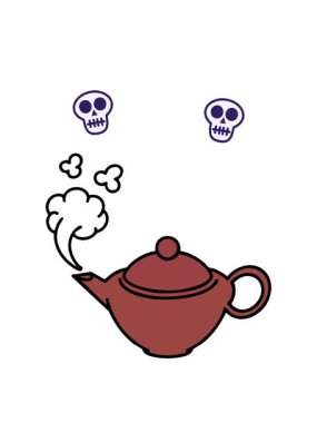 Buharı tüten sıcak Japon çaydanlığının kafatası animasyonu.