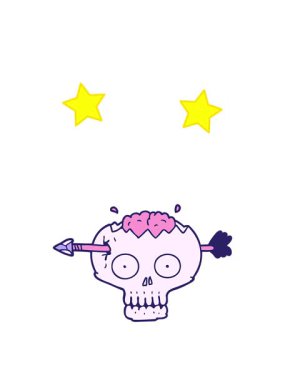 dönen yıldızlar, beynine ok saplanmış karikatür kafatasının animasyonu.