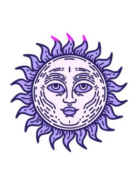 Dövme stili canlandırmayı güçlendir. Yüzü olan bir güneşin görüntüsü.