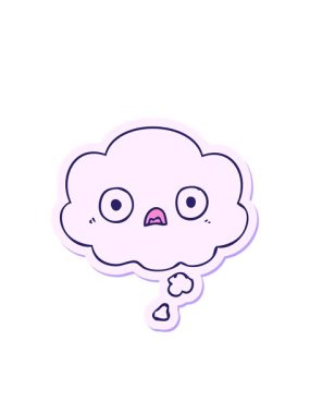 Yazılı çıkartma olarak düşünce baloncuğu olan sevimli çizgi film yüzünün yanıp sönen radyal çizgileri.