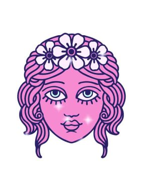 Parıltı efekti dövmenin geleneksel kadın yüzü şeklinde çiçek tacıyla canlandırılması