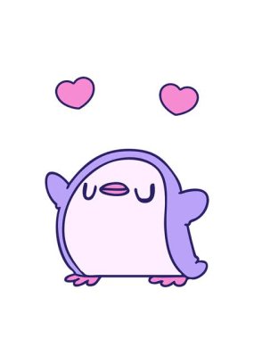 Tatlı bir penguenin çizgi film çizimleri kawaii 'nin dönen kalpleri.