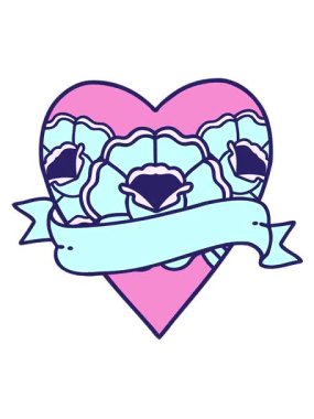 Geleneksel kalp şeklinde bir dövmenin hareketli animasyonu ve çiçekli bir afiş