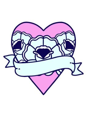 Neon ışık efektleri, geleneksel kalp şeklinde bir dövmenin canlandırılması ve çiçekli pankart.