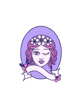 Yıldız patlaması etkisi. Geleneksel dövmenin animasyonu. Çiçekten taç takan bir genç kızın sancağıyla.